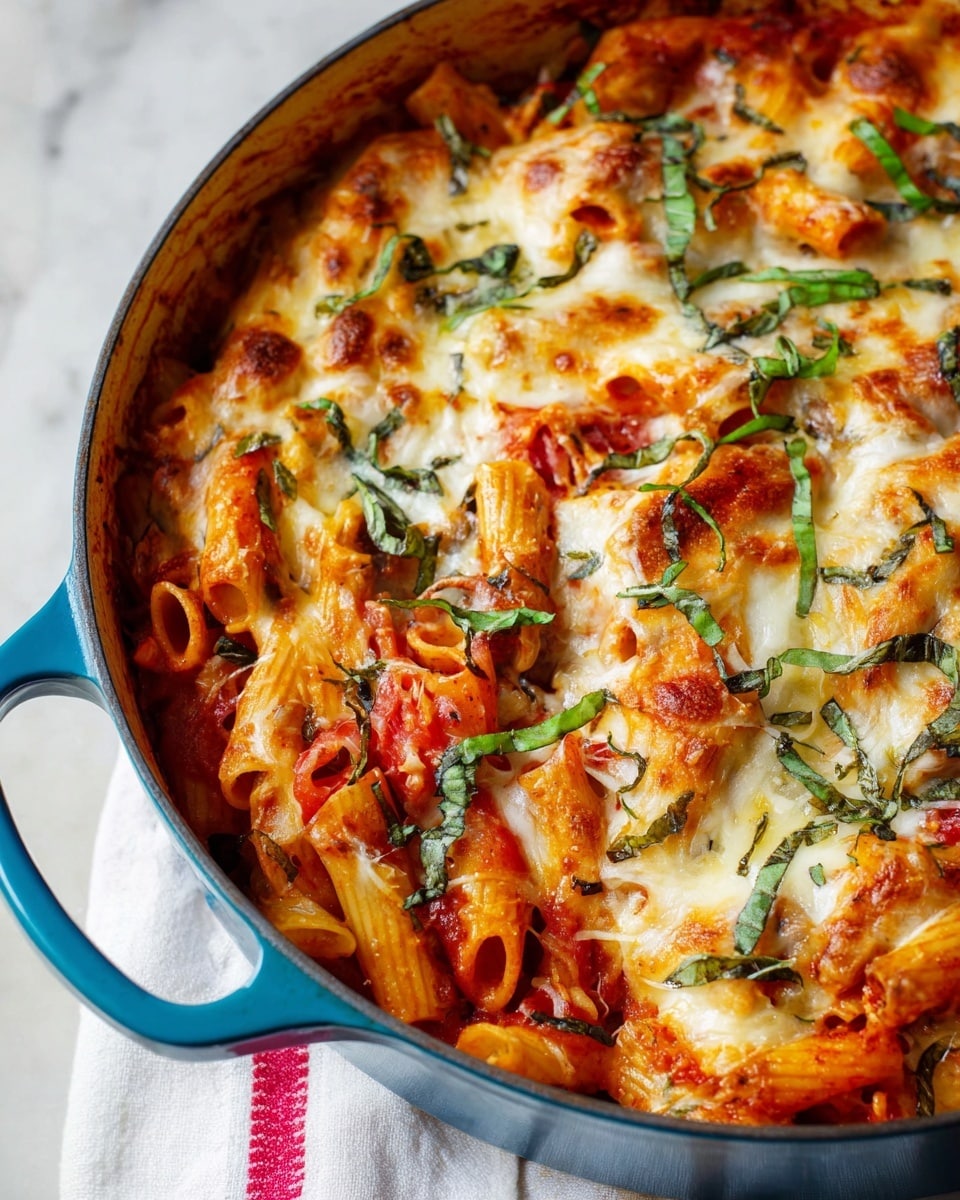 A close-up of a baked pasta dish in a round metal pan with two visible layers: the bottom layer is a rich red tomato sauce mixed with pasta, topped by a thick layer of melted white cheese stretching as a spoon lifts a portion. Visible bright red cherry tomatoes and small green basil strips are scattered on top, adding color contrast. The pasta shells are golden yellow and well-coated with sauce, some peeking under the cheese. The pan sits on a woven mat, placed on a white marbled surface. photo taken with an iphone --ar 4:5 --v 7