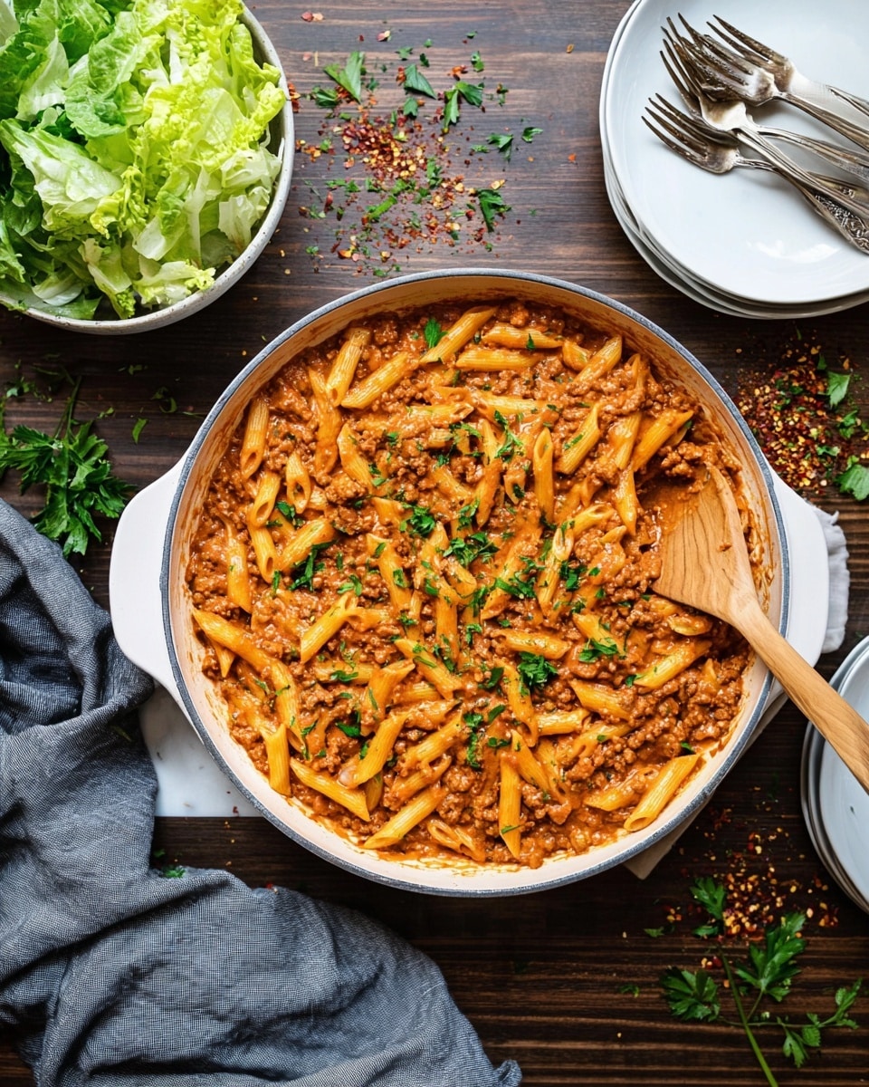 A white round plate filled with three layers of penne pasta covered in thick red meat sauce, with chunks of ground meat and soft onion pieces visible throughout, topped with scattered small green parsley leaves. Two ornate silver forks rest on the left side of the plate, sitting partly on a light blue cloth. The plate is placed on a dark wooden surface with chopped parsley and red chili flakes sprinkled around. Photo taken with an iphone --ar 4:5 --v 7
