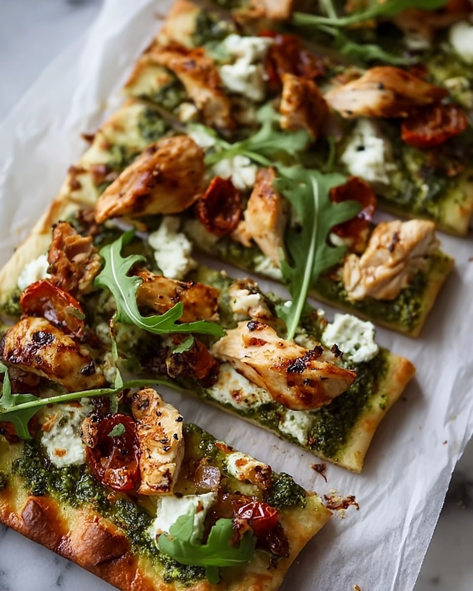 A flat rectangular white pizza crust is topped with a green layer of pesto sauce spread evenly. On top of the pesto are scattered dollops of white soft cheese, partly melted. Large chunks of golden grilled chicken with charred grill marks cover most of the pizza. Fresh dark green arugula leaves are spread randomly over the chicken pieces. Dark brown balsamic glaze is drizzled in thin lines across the whole pizza. The pizza is cut into square slices, and the photo is taken on a white marbled surface. photo taken with an iphone --ar 4:5 --v 7
