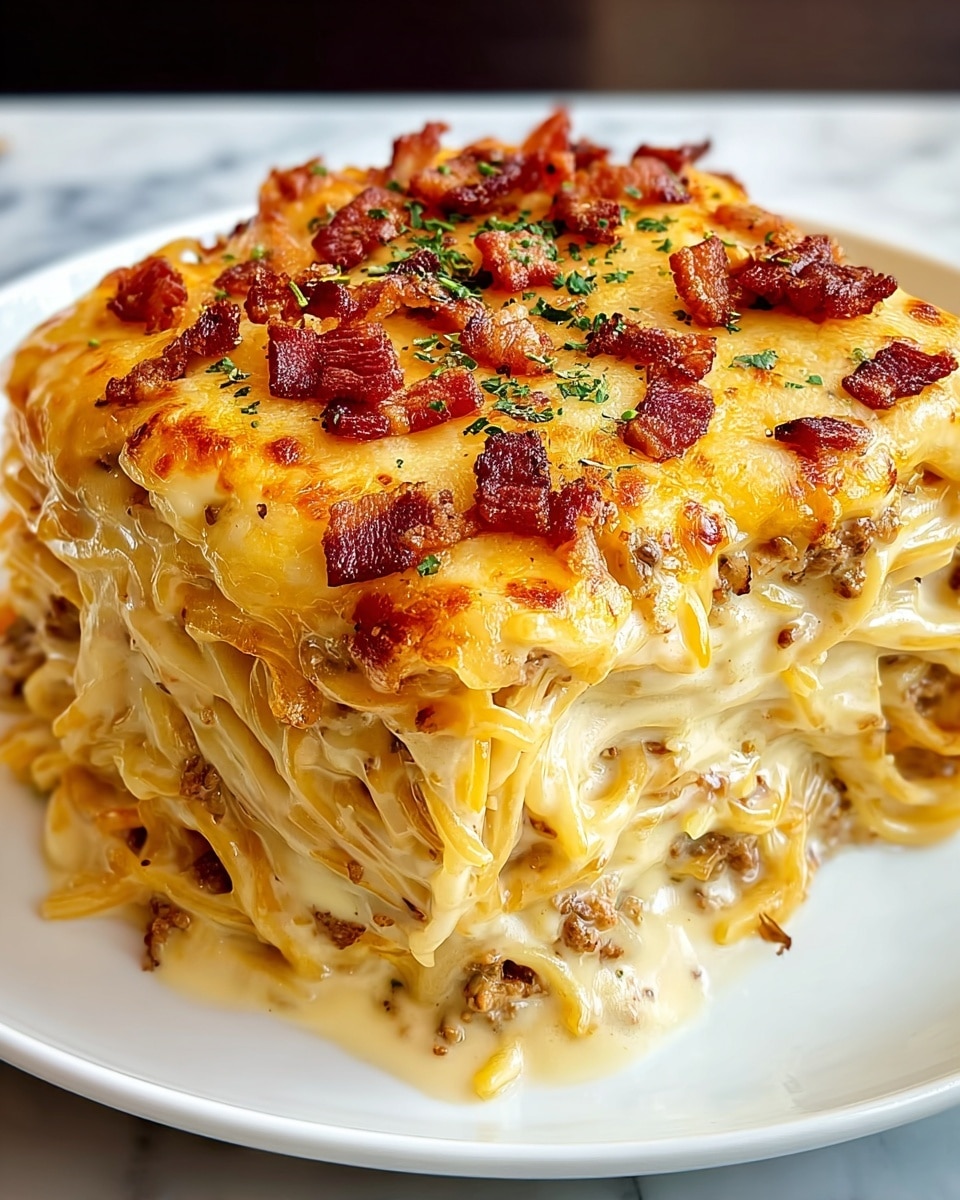 This dish shows a thick, layered pasta bake with three main layers. The bottom layer is creamy and pale with visible pasta strands mixed with small chunks of white meat. The middle layer has a thicker creamy sauce with more pasta, giving a smooth and soft texture. The top layer is covered with golden brown melted cheese, browned and slightly crispy, sprinkled with finely chopped green onions and small pieces of red pepper. The dish sits on a white plate with a white marbled surface in the background. Photo taken with an iphone --ar 4:5 --v 7