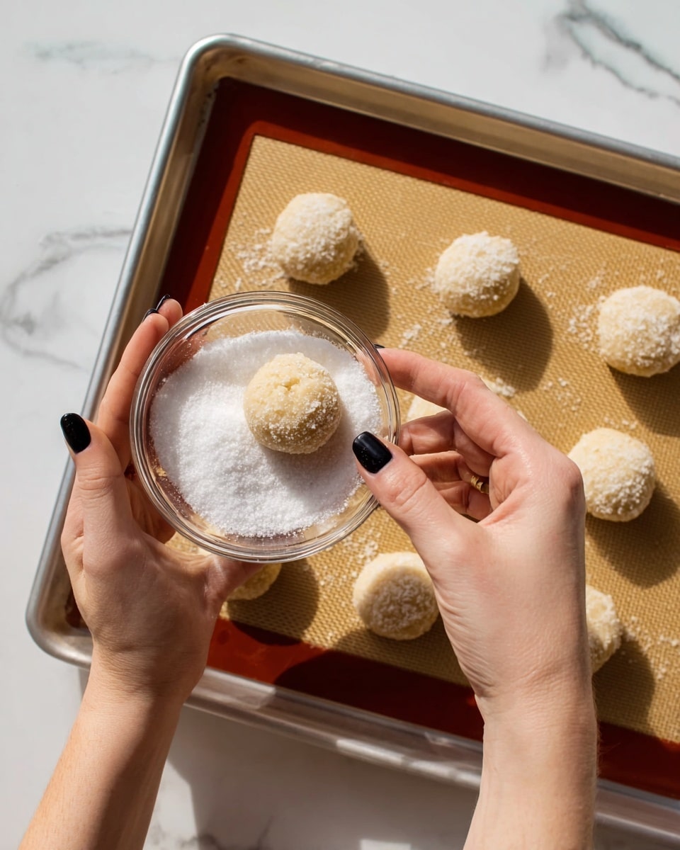 A pair of woman's hands with black nail polish hold a small clear glass bowl filled with white granulated sugar. One woman's hand is dipping a small, round beige dough ball into the sugar. In the background, there is a metal baking tray lined with a tan silicone mat, holding eight more raw dough balls arranged in three rows. The surface beneath is a white marbled texture. The scene is lit with natural light, showing texture on both the dough and sugar. photo taken with an iphone --ar 4:5 --v 7