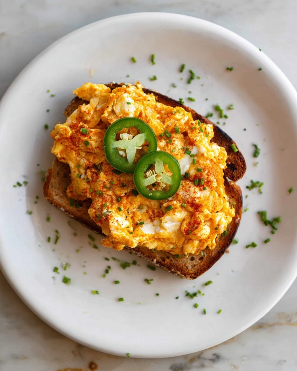 This image shows a white plate on a white marbled surface with a single piece of toast at the center. On top of the toast, there is a thick, uneven layer of cooked scrambled eggs that have a rich golden-brown color with some darker browned spots, giving it a crispy look. The eggs contain visible small chunks of white and orange ingredients, likely cheese or seasoning, with flecks of green herbs scattered throughout. On top of the eggs, there are three thin slices of green jalapeño peppers arranged in a loose triangular pattern. Small bits of chopped green herbs are lightly scattered around the plate, adding a fresh touch to the presentation. photo taken with an iphone --ar 4:5 --v 7