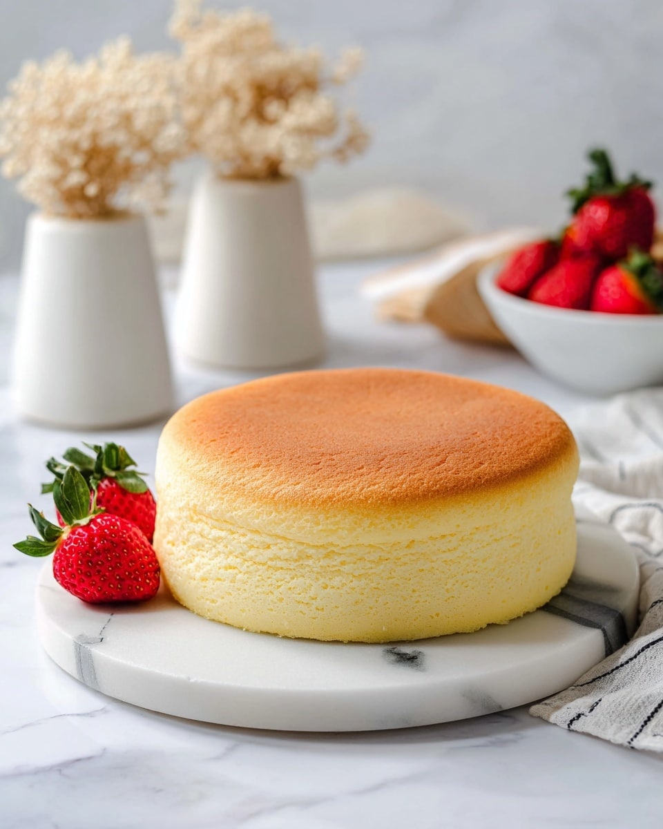 A soft, fluffy yellow cake with a smooth, slightly rounded top is placed in the center of a white marbled round board. The cake has a light golden brown top layer with soft, spongy sides showing a slightly lighter yellow color. To the left of the cake, two bright red strawberries with green leaves rest on the board. In the background, two white vases with dried beige flowers add a soft decorative touch, and on the right side, a white bowl filled with more red strawberries is visible. The scene is set on a white marbled surface with soft natural light illuminating the cake and its surroundings. Photo taken with an iphone --ar 4:5 --v 7