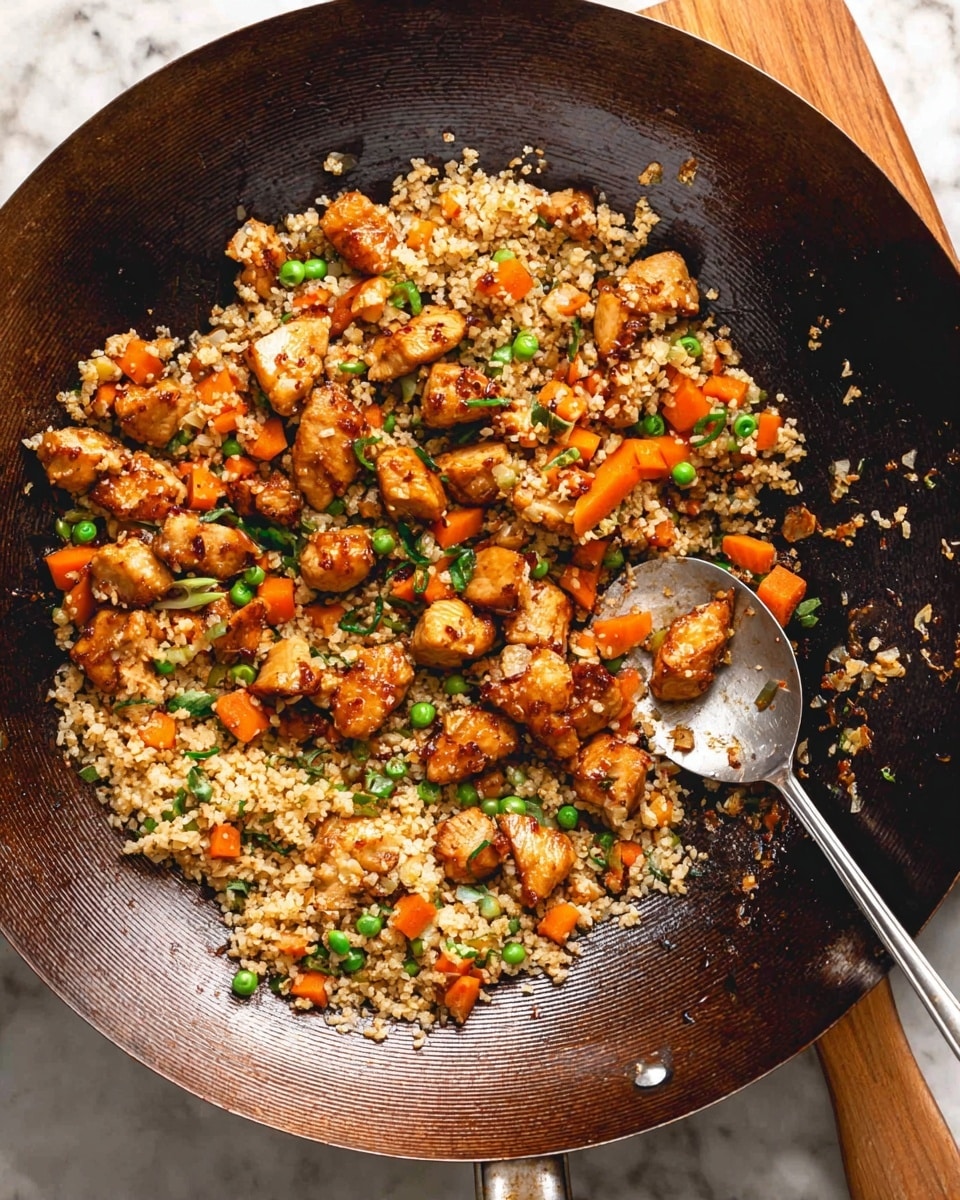 A large dark brown wok contains a mixed stir-fry dish with three main layers visible: the bottom layer is a textured mixture of cooked light brown grains or rice, the middle layer consists of bright orange diced carrots and small green peas, and the top layer has chunks of browned chicken with a slightly caramelized color. A silver metal spoon rests on the right side inside the wok, showing some of the stir-fry scooped up. The wok is placed on a white marbled surface with a wooden handle extending toward the top right corner. Photo taken with an iphone --ar 4:5 --v 7