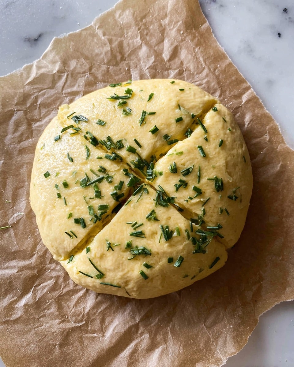 A round dough ball with a pale yellow color sits on brown baking paper, placed on a white marbled surface. The dough is scored with two deep cuts forming an X shape across the top. Small bits of green herbs are sprinkled evenly over the dough’s surface, adding texture and color contrast. The dough looks soft and slightly shiny, suggesting it was brushed with oil or butter before adding the herbs photo taken with an iphone --ar 4:5 --v 7