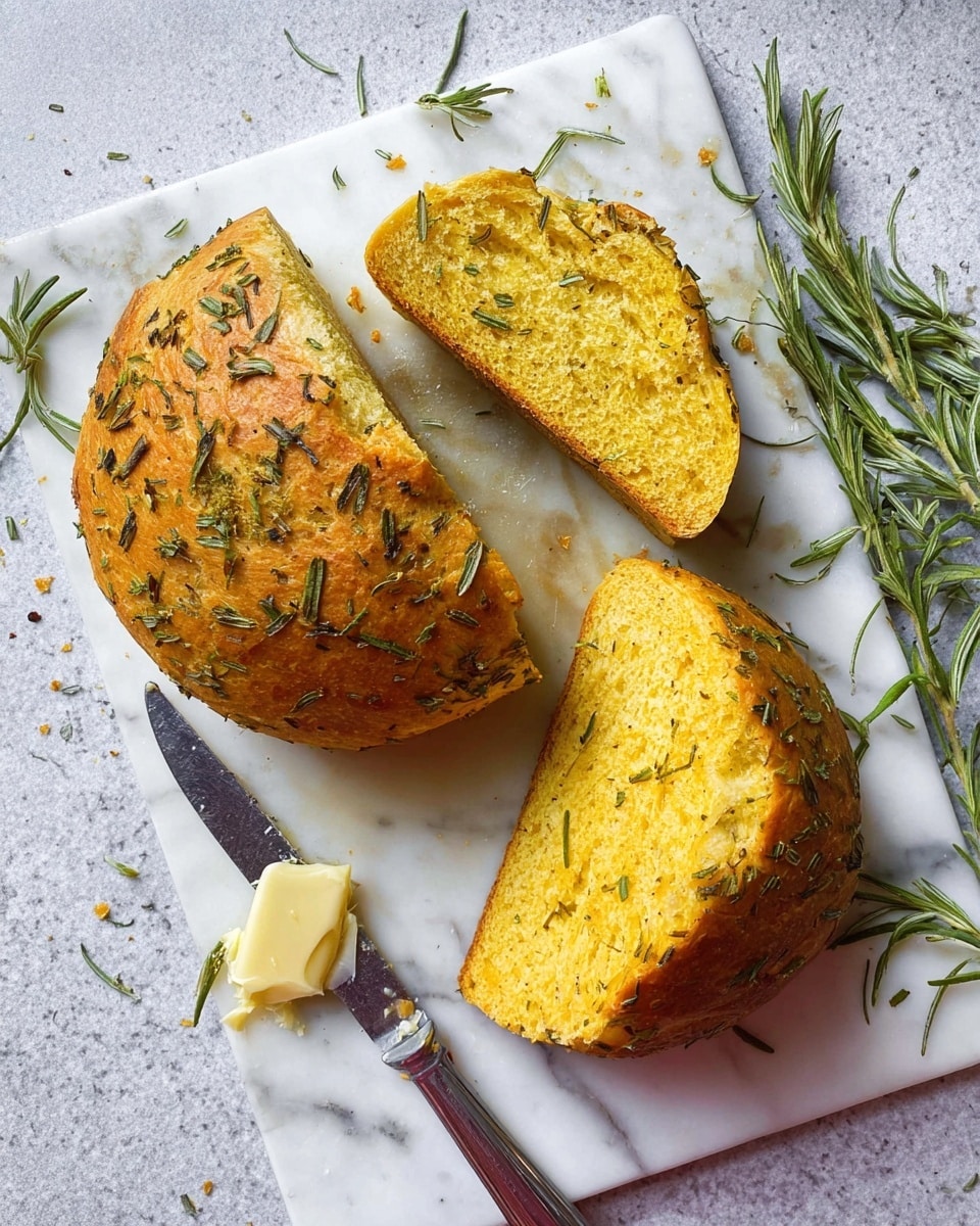 A white cutting board sits on a white marbled surface holding two golden brown, round bread halves sprinkled with herbs; one half is whole while the other is sliced, showing the soft, yellow interior with a light, airy texture. A slice of bread lies flat on the board beside a small piece with butter spread on it, positioned near a silver butter knife. Green rosemary sprigs are scattered around the board, adding a fresh touch. Photo taken with an iphone --ar 4:5 --v 7