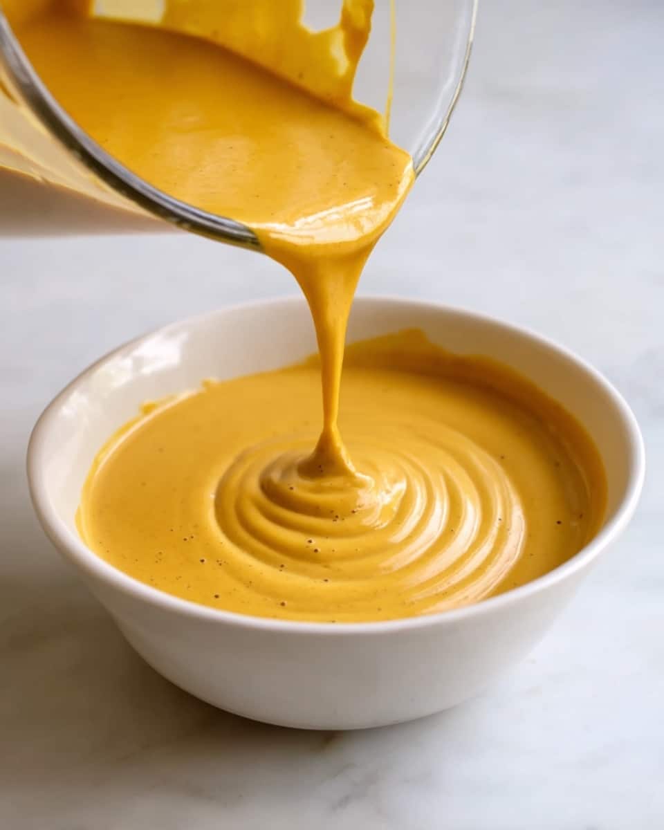 A thick, smooth, golden-yellow sauce is being poured from a clear glass container into a white bowl. The sauce has a creamy texture with small tiny air bubbles visible on its surface as it flows in a steady stream, creating circular ripples inside the bowl. The bowl sits on a white marbled surface, and the background is softly blurred to keep the focus on the sauce pouring motion. photo taken with an iphone --ar 4:5 --v 7