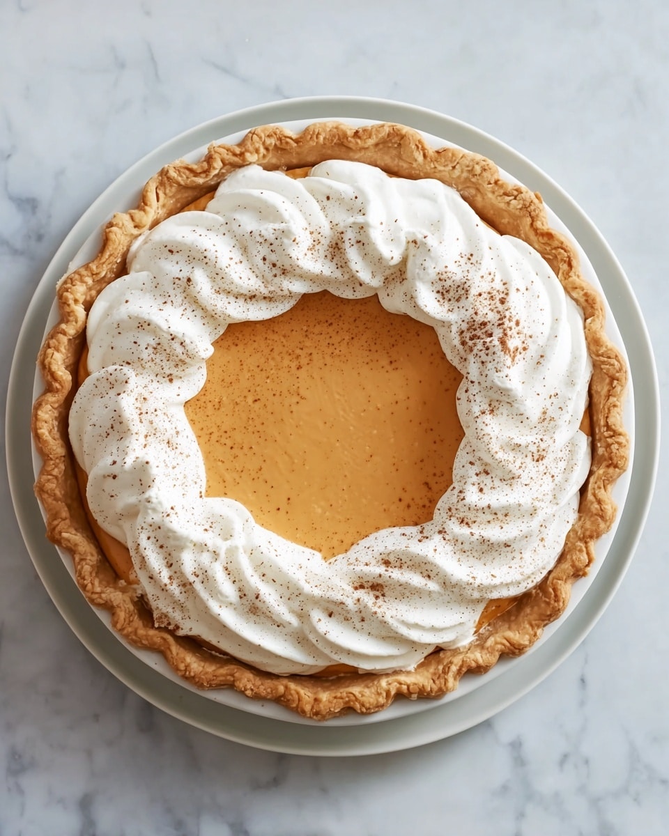 A round pie with three visible layers sits on a white plate on a white marbled surface; the bottom layer is a golden-brown crust with a slightly wavy edge, the middle layer is a smooth, solid light orange filling that fills the center, and the top layer is white whipped cream piped around the orange filling in a thick, wavy ring sprinkled lightly with cinnamon or brown powder on one side, leaving the center open and smooth; photo taken with an iphone --ar 4:5 --v 7