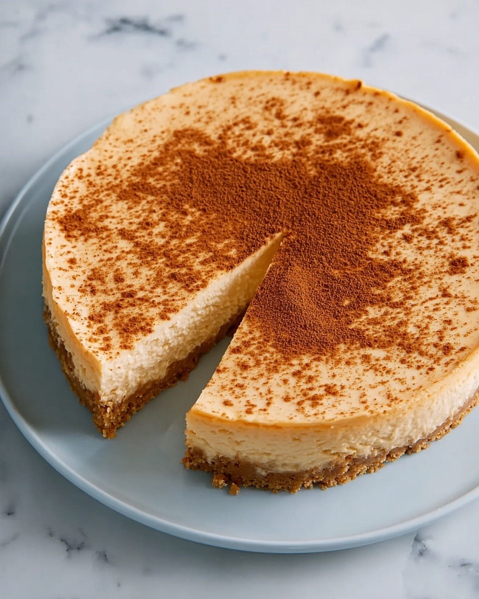 The image shows a round cheesecake with two layers on a white plate. The bottom layer is a crumbly light brown crust, and the top layer is a smooth, light orange creamy filling. There is a diagonal sprinkle of powdered cinnamon across the top surface of the cheesecake, adding a touch of reddish-brown contrast. The plate is placed on a surface with a white marbled texture. photo taken with an iphone --ar 4:5 --v 7