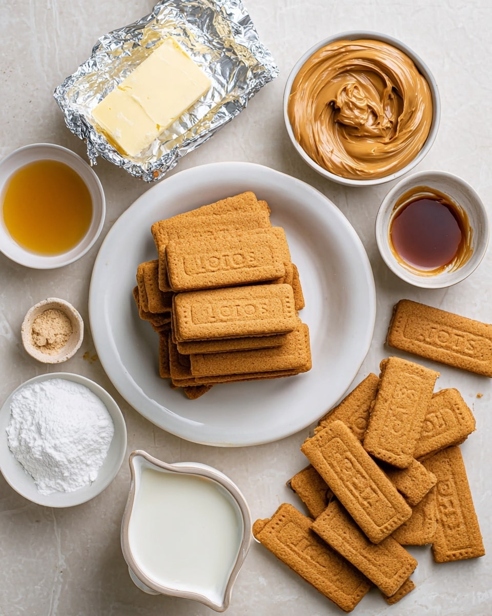 A white plate with a stack of rectangular golden brown Lotus biscuits centered in the image, more biscuits scattered on the white marbled surface to the right. Surrounding the plate are small white bowls containing a block of cream cheese partially wrapped in silver foil on the top left, smooth light brown peanut butter at the top right, dark amber syrup near the bottom left, melted butter below that, white powdered sugar in a bowl just above a small white pitcher filled with milk, all set on a white marbled surface. photo taken with an iphone --ar 4:5 --v 7