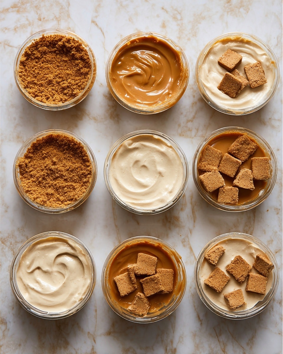 The image shows a step-by-step process of making layered dessert cups, each in small clear glass dishes on a white marbled surface. The first layer is a crumbly golden-brown base spread evenly inside each dish. The second layer is smooth and creamy light beige, filling the dishes above the crumb layer. The third layer is a shiny, thick caramel-colored sauce, poured neatly over the cream layer in each dish. The fourth and final layer consists of crushed crumbs sprinkled on top with one small square cookie placed upright in some of the dishes, adding texture and decoration. Photo taken with an iphone --ar 4:5 --v 7