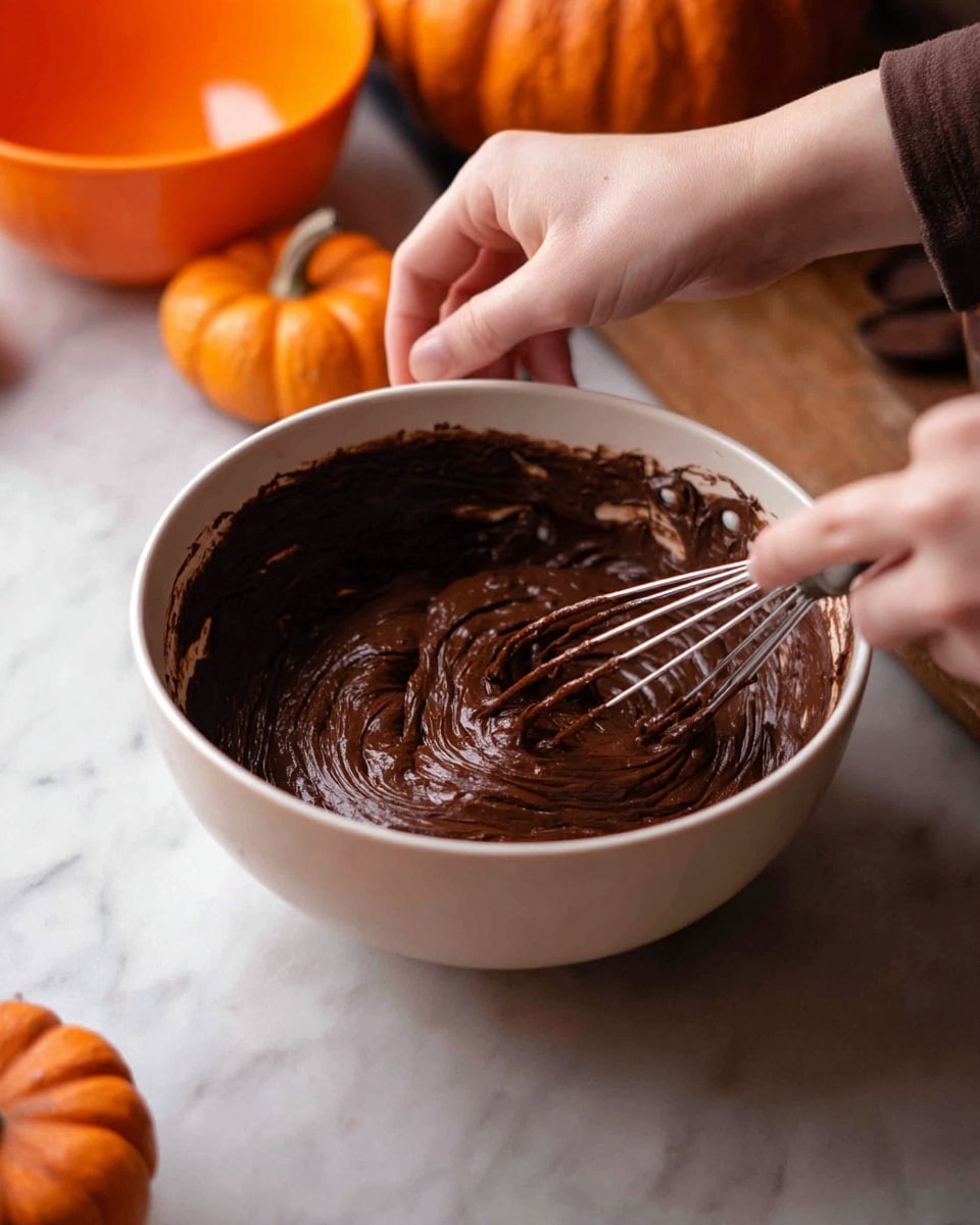 A close-up of a white bowl filled with thick, dark brown chocolate batter, being mixed with a metal whisk held by a woman's hand. The batter has a smooth, creamy texture and swirls inside the bowl show motion. In the background, there are small orange pumpkins and an orange bowl, all placed on a white marbled surface. The scene has a cozy, autumn feel. Photo taken with an iphone --ar 4:5 --v 7