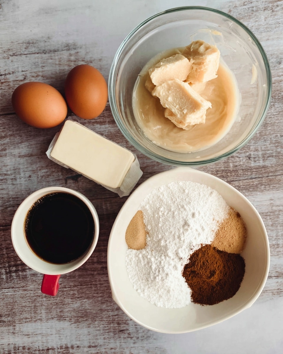 The image shows ingredients arranged neatly for baking on a white marbled surface. There is a clear glass bowl at the top filled with a light beige creamy mixture with two pieces of a pale beige solid ingredient on top. Below it to the right, a white bowl holds a large pile of white powder with three sections of brown and tan spices on one side. To the left of the bowl, two brown eggs sit next to a small white stick of butter wrapped in paper. Above them, there is a small white cup filled with dark liquid. photo taken with an iphone --ar 4:5 --v 7