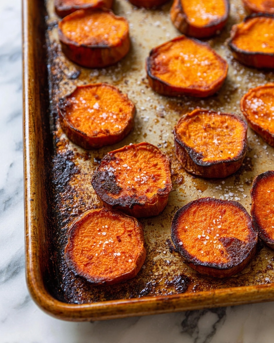 The image shows a baking tray filled with several thick, round slices of roasted sweet potatoes. Each slice has a bright orange center with a slightly caramelized, dark brown crust around the edges. The slices have a crispy texture with visible specks of coarse salt sprinkled over them. The tray also shows some roasted bits and oil stains, giving a rustic look. The baking tray is set on a white marbled surface. photo taken with an iphone --ar 4:5 --v 7