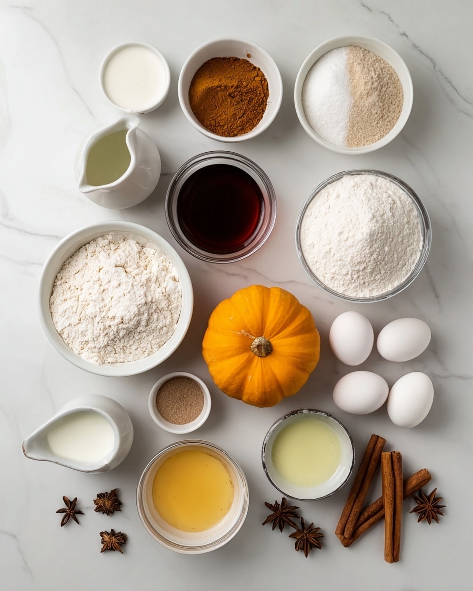A top-down view of multiple ingredients arranged neatly on a white marbled surface, including three white bowls and two clear measuring cups filled with white flour, brown sugar, and powdered sugar respectively; a small white pitcher with milk and another with a dark liquid; a small clear cup with honey; three white eggs placed near a small pile of white and brown spices in a tiny round bowl; a small bright orange pumpkin in the center; a few cinnamon sticks and star anise on the bottom right; a small white bowl with cinnamon powder and whole spices; and a small white bowl with light yellow liquid. photo taken with an iphone --ar 4:5 --v 7