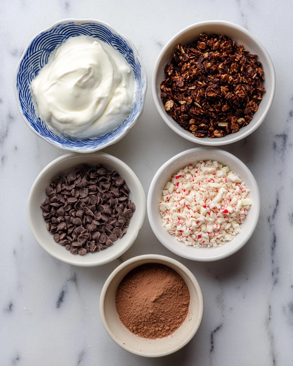 Five bowls of ingredients are arranged on a white marbled surface. The top left bowl is white with a blue pattern on the rim and is filled with thick, white creamy yogurt. To its right, there is a plain white bowl filled with dark brown granola pieces mixed with seeds. Below the yogurt bowl is a smaller white bowl holding dark chocolate chips. To the right of the chocolate, another white bowl is filled with crushed red and white peppermint candy pieces. Below these, a final white bowl holds fine brown cocoa powder. The bowls are all different sizes and neatly placed to form a rough diamond shape. Photo taken with an iphone --ar 4:5 --v 7