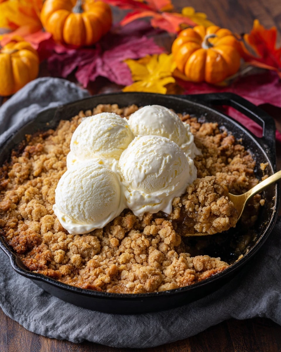 A dark cast iron skillet filled with a thick layer of crumbly golden brown crumble, uneven in texture with some crunchy pieces. On top, three rounded scoops of creamy white vanilla ice cream sit close together near the center, slightly melting, with smooth rounded surfaces. A golden spoon is scooping a portion of the warm crumble from the right edge, revealing a moist, soft interior layer of deep golden brown filling under the crumbly topping. The skillet rests on a gray cloth on a dark wooden surface with orange mini pumpkins and bright autumn leaves in yellow, red, and purple blurred in the background. Photo taken with an iphone --ar 4:5 --v 7