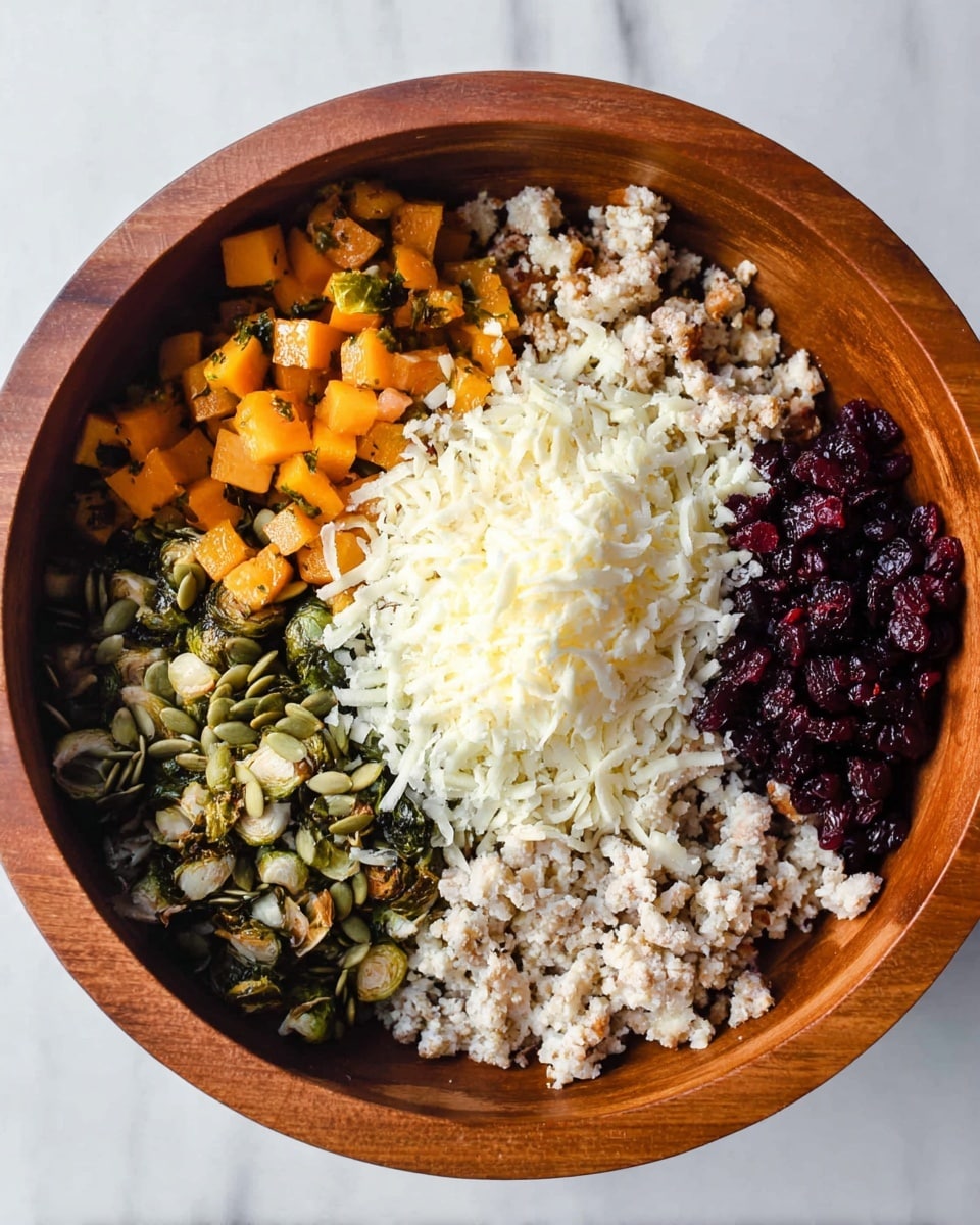 A wooden bowl filled with six visible layers of ingredients arranged side by side. Starting from the left, there are small orange cubes of roasted squash mixed with caramelized bits of brussels sprouts, both giving a soft and crunchy texture. Next to it are pumpkin seeds with a shiny dark green shell. Then a pile of shredded white cheese is placed in the center, looking soft and fluffy. To the right of the cheese is a small pile of dark red dried cranberries, adding a chewy texture. At the far right there is cooked ground meat, crumbly and light brown. All ingredients sit inside the bowl on a surface with white marbled texture photo taken with an iphone --ar 4:5 --v 7