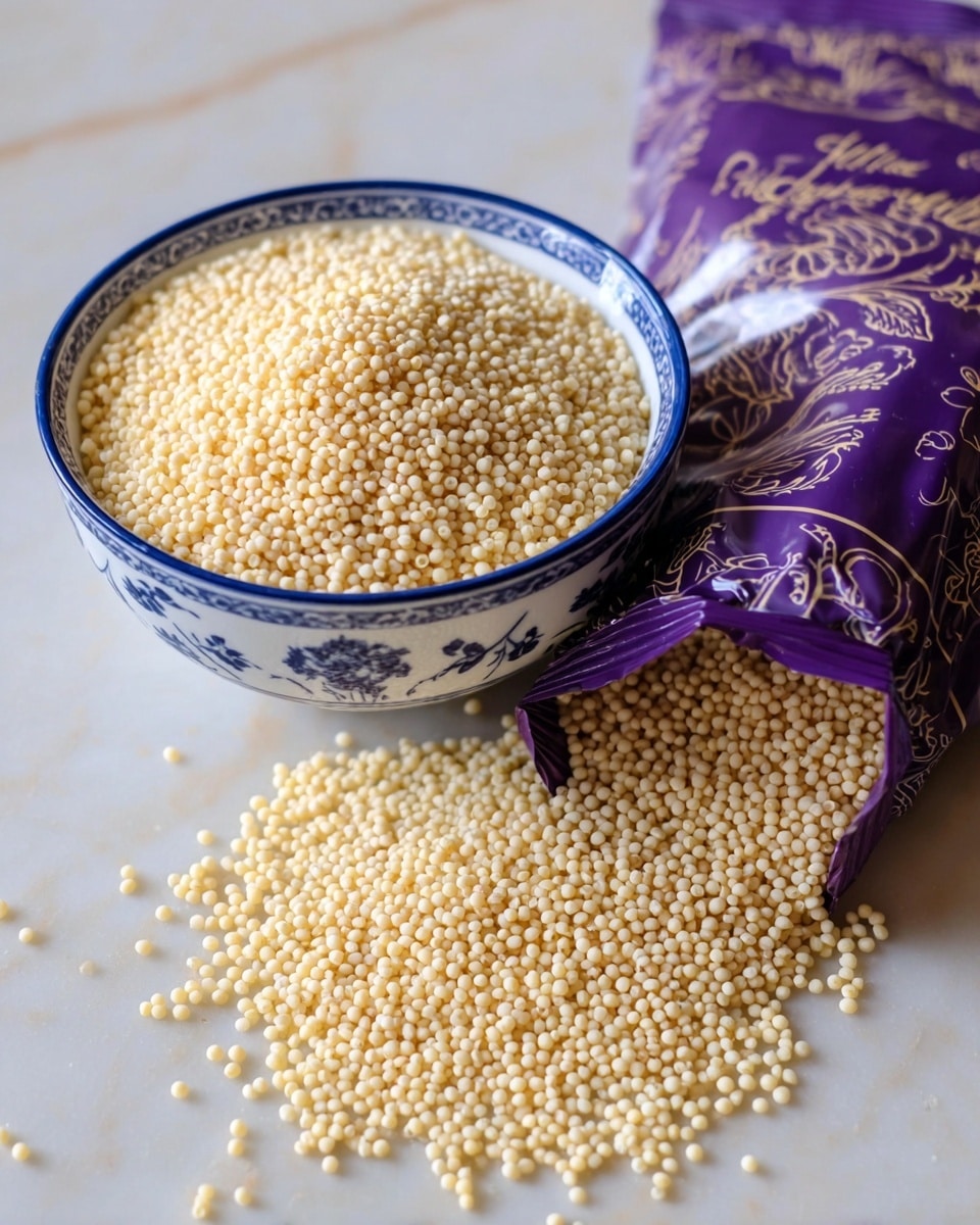 A white bowl with blue floral patterns sits on a white marbled surface, filled to the top with small, pale yellow round pasta pieces. Next to it, a purple plastic bag lies on its side, spilling the same tiny pasta onto the surface, creating a scattered pile that blends with the bowl's contents. The pasta pieces are uniform in size and have a slightly rough texture. The overall setting is simple, with the focus on the bowl and scattered pasta. photo taken with an iphone --ar 4:5 --v 7