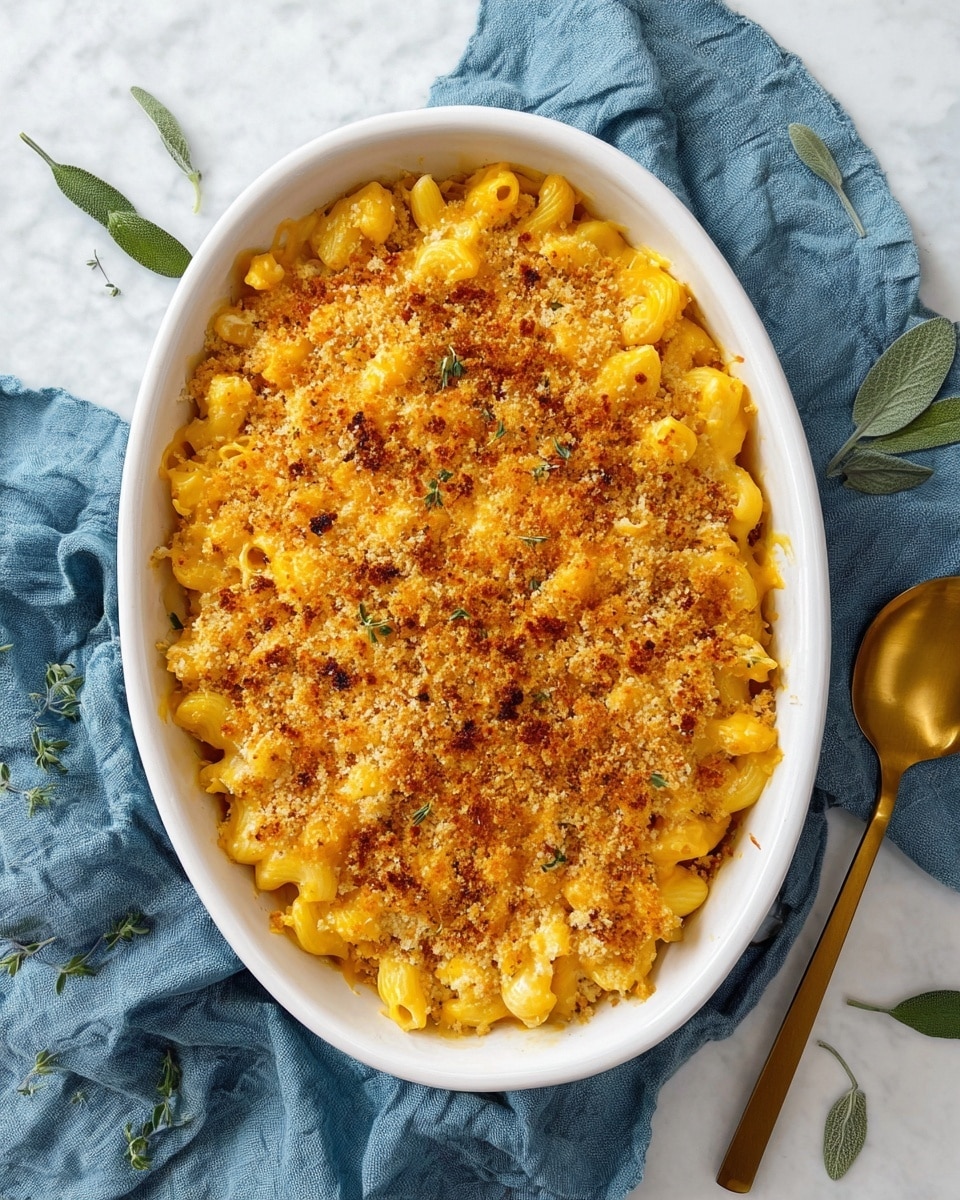 A white oval dish filled with one layer of yellow macaroni and cheese pasta, topped with a golden brown crumb crust that looks crunchy and slightly browned in spots. The dish sits on a crumpled blue cloth on a white marbled surface scattered with a few green leaves. To the right of the dish, there is a gold spoon placed on the same white marbled surface. Photo taken with an iphone --ar 4:5 --v 7