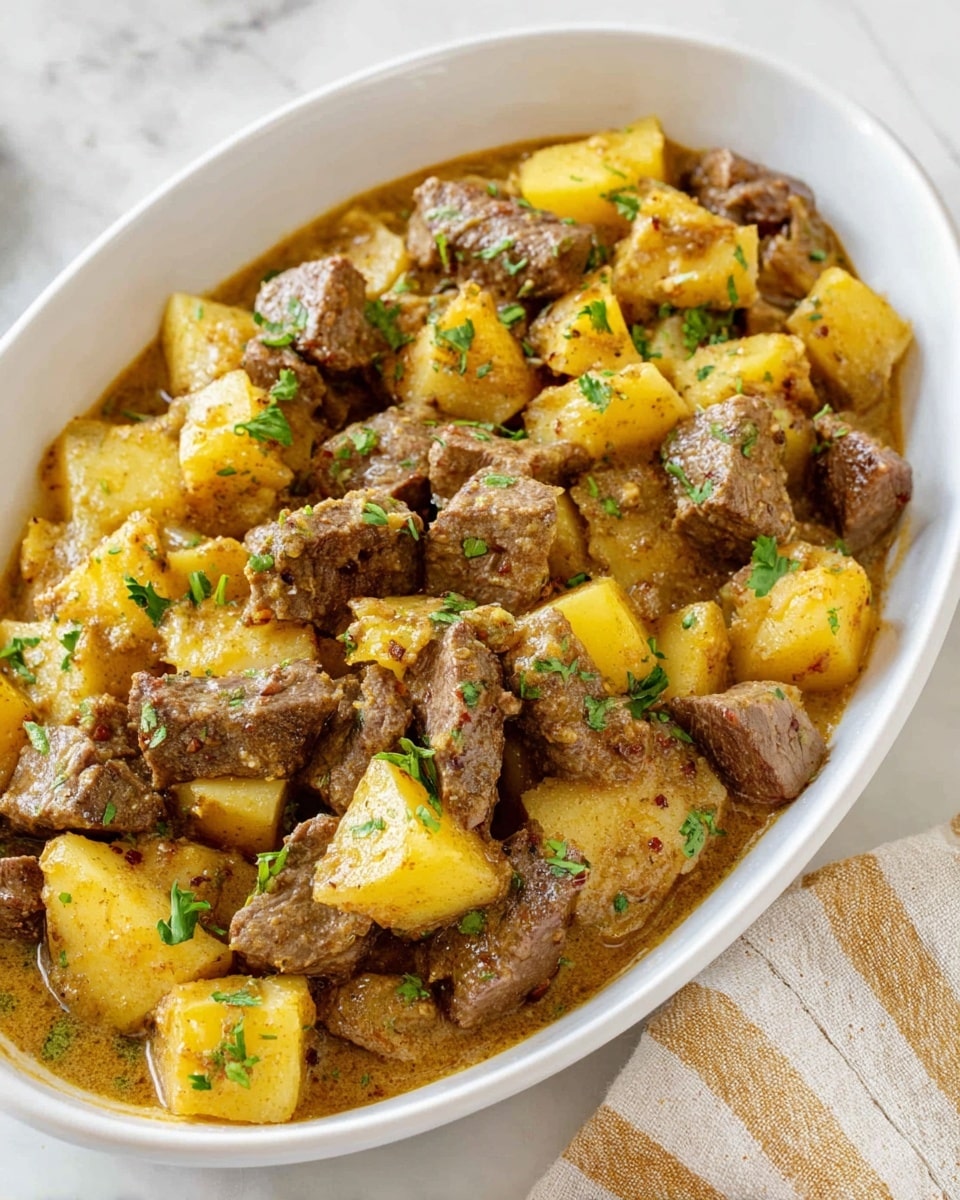 The image shows two views of a black slow cooker with stew inside. The left side has raw ingredients, with two layers: the bottom layer is chunks of dark brown meat, and the top layer is yellow potato pieces scattered evenly. The right side shows the cooked stew, with the meat and potato pieces mixed together in a light brown broth, both ingredients looking softer and more blended. The slow cooker is placed on a white marbled surface. photo taken with an iphone --ar 4:5 --v 7