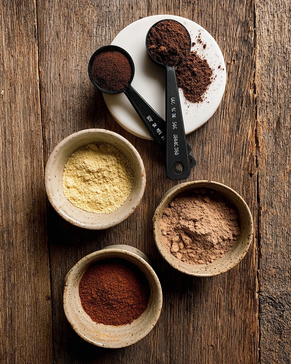 The image shows four small round beige bowls and one small white spoon rest with two black measuring spoons on top. The spoon rest has a small heap of dark brown powder and one spoon filled with finely ground dark brown powder. The four bowls contain different powders: the top right bowl has a small pile of light brown powder, the bottom bowl contains a small pile of pale yellow powder, the left bowl holds a fine reddish-brown powder, and the bowl on the bottom left has a small amount of finely ground dark brown powder. All items rest on a wooden surface with a rustic texture. photo taken with an iphone --ar 4:5 --v 7