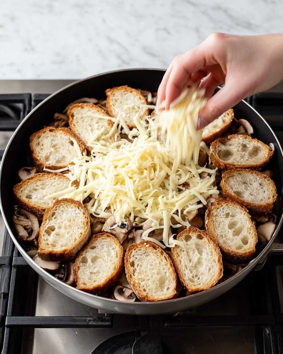 A black pan filled with two layers: the bottom layer has cooked mushrooms with a brown color and soft texture, and the top layer shows slices of light brown bread with a rough texture arranged evenly across the mushrooms. On top of the bread, there is the third layer of thin, pale yellow shredded cheese being sprinkled by a woman's hand from above. The pan is placed on a stove with a metallic look, and the background shows a white marbled texture. Photo taken with an iphone --ar 4:5 --v 7