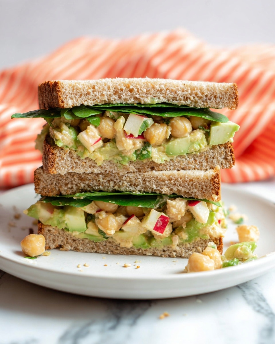 The image shows a sandwich cut in half and stacked, placed on a white plate on a white marbled surface. The sandwich has two layers of light brown whole wheat bread. Between the bread, the first layer is made of pale green avocado slices on the bottom, on top of this is a chunky mix of creamy white chickpeas, bright red apple pieces, and light green celery. The top layer has dark green spinach leaves that peek out from the sides. Some of the chickpea and vegetable filling has fallen onto the white plate around the sandwich. The background includes a soft-focus orange and white striped cloth. photo taken with an iphone --ar 4:5 --v 7
