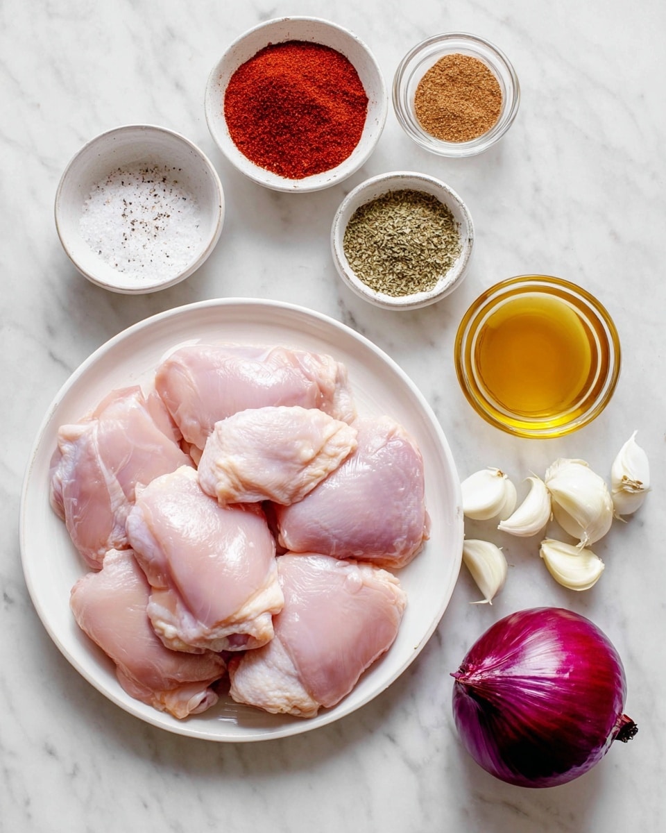 The image shows a white plate filled with several raw pink chicken thighs, smooth and plump, arranged in a circular pattern. To the upper right, there are small white bowls containing layers of bright red chili powder, light green dried oregano, and light brown ground cumin, all neatly separated. Nearby, a small white bowl holds white salt mixed with black pepper, creating a speckled texture. Next to it are several layers of garlic cloves, both whole and broken, displaying white and pink skins. A halved red onion with purple and white layers lies at the bottom right, its texture smooth and shiny. Two small clear glass bowls hold a golden yellow liquid and a thick reddish-brown sauce. The entire setup sits on a white marbled surface. photo taken with an iphone --ar 4:5 --v 7