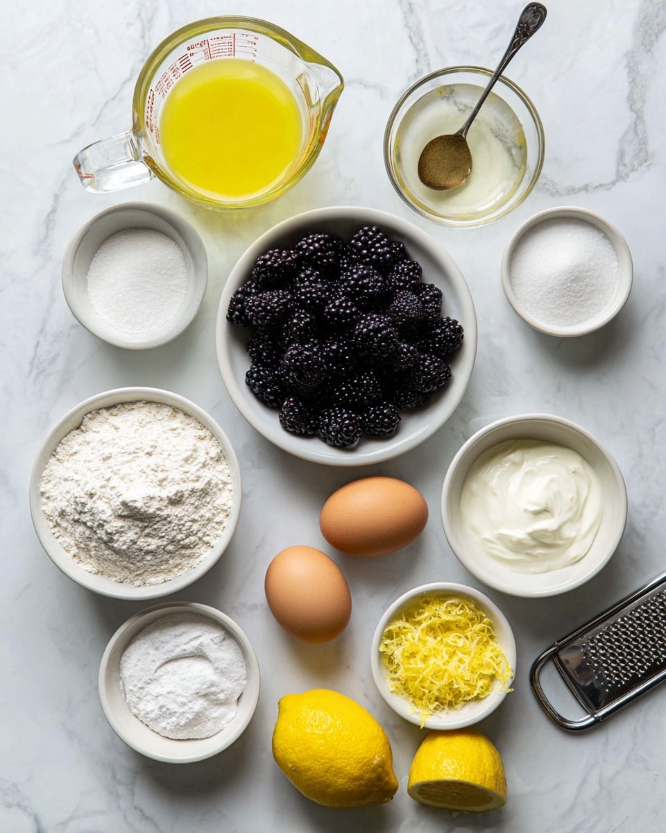 The image shows various ingredients laid out on a white marbled surface, each in its own white bowl or container, except for two brown eggs placed directly on the surface. There is a large clear measuring cup with yellow oil in the top left, a bowl of blackberries in the center, and a small glass bowl with light brown liquid near the top. Surrounding these are a small bowl of salt, a bowl of white powder (likely flour), a bowl of white sugar, a bowl of sour cream, and a small bowl with a white powder (probably baking powder). At the bottom right, there is a white bowl with yellow lemon zest and half a lemon, along with a whole lemon nearby. A metal grater is visible at the bottom right edge of the image. The arrangement is neat and bright with a clean, fresh look. photo taken with an iphone --ar 4:5 --v 7