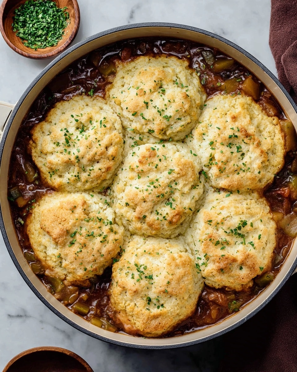 The image shows a round gray pan filled with a stew topped with seven large, rough textured golden biscuits. The bottom layer is a thick brown stew with visible chunks of vegetables and meat, and the biscuits are placed evenly on top, slightly touching each other. The biscuits have a golden-brown edge with a soft, slightly cracked cream-colored top sprinkled with green herbs. A small wooden bowl with finely chopped green herbs is partially visible in the top left corner, and the pan sits on a white marbled surface. photo taken with an iphone --ar 4:5 --v 7
