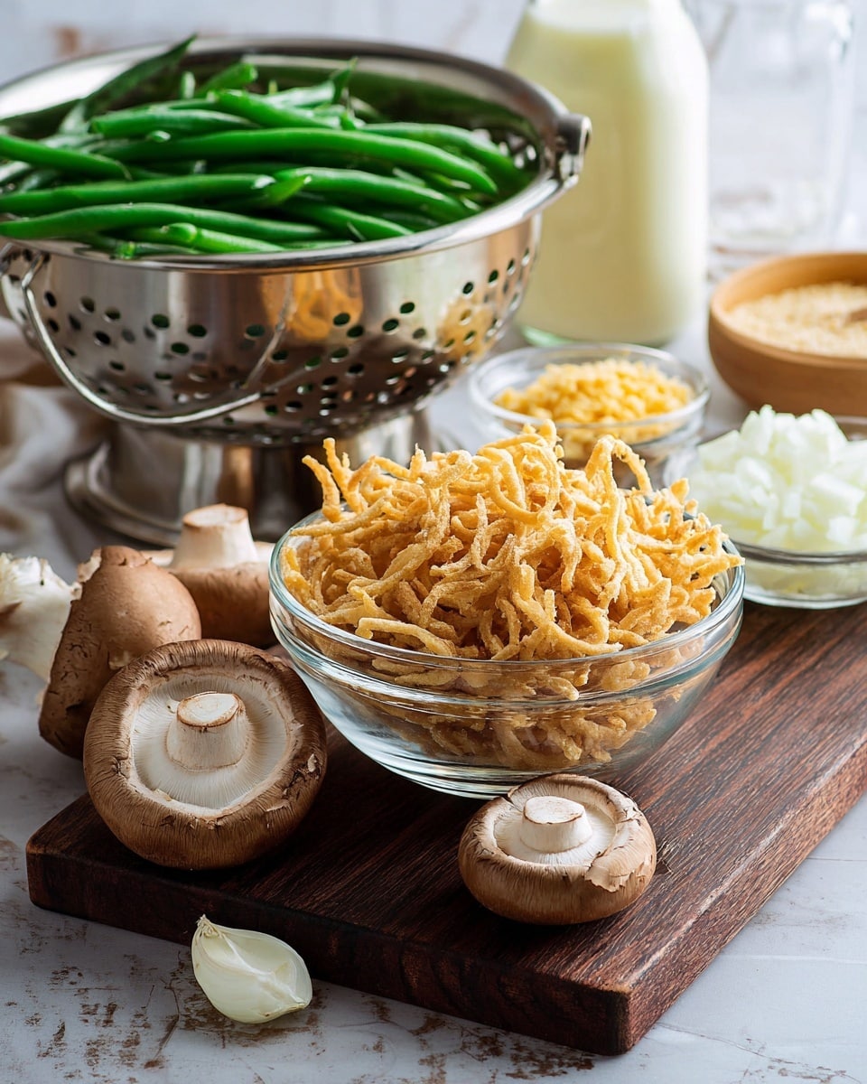 The image shows a clear glass bowl full of light golden, crispy fried onion strings placed on a dark wooden board in the center. Surrounding the bowl, there are three whole brown mushrooms with white inner parts visible, positioned on the wooden board. Behind the bowl, there is a large silver metal colander filled with fresh, green beans, sitting on the white marbled surface. To the side of the colander, a small bowl with yellow breadcrumbs and a glass bottle filled halfway with white milk appear, along with a glass container of light yellow liquid. At the edge, a small white bowl contains chopped white onions. The photo taken with an iphone --ar 4:5 --v 7