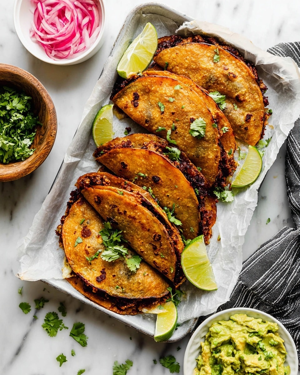 The image shows four golden brown folded tacos lined up on white parchment paper in a rectangular tray. Each taco has a crispy, slightly oily texture with browned edges and visible dark grill marks, filled with a deep reddish-brown filling peeking out from the sides. Small green cilantro leaves are scattered on top of the tacos and around the tray, adding a fresh green contrast. Lime wedges with bright green and yellow colors are placed beside the tacos for garnish. To the left, there is a wooden bowl filled with fresh green cilantro, and at the top left, a white bowl with pink pickled onions. On the bottom right, a white bowl holds chunky green guacamole. The background is a white marbled surface with a black-and-white striped cloth at the corner. photo taken with an iphone --ar 4:5 --v 7