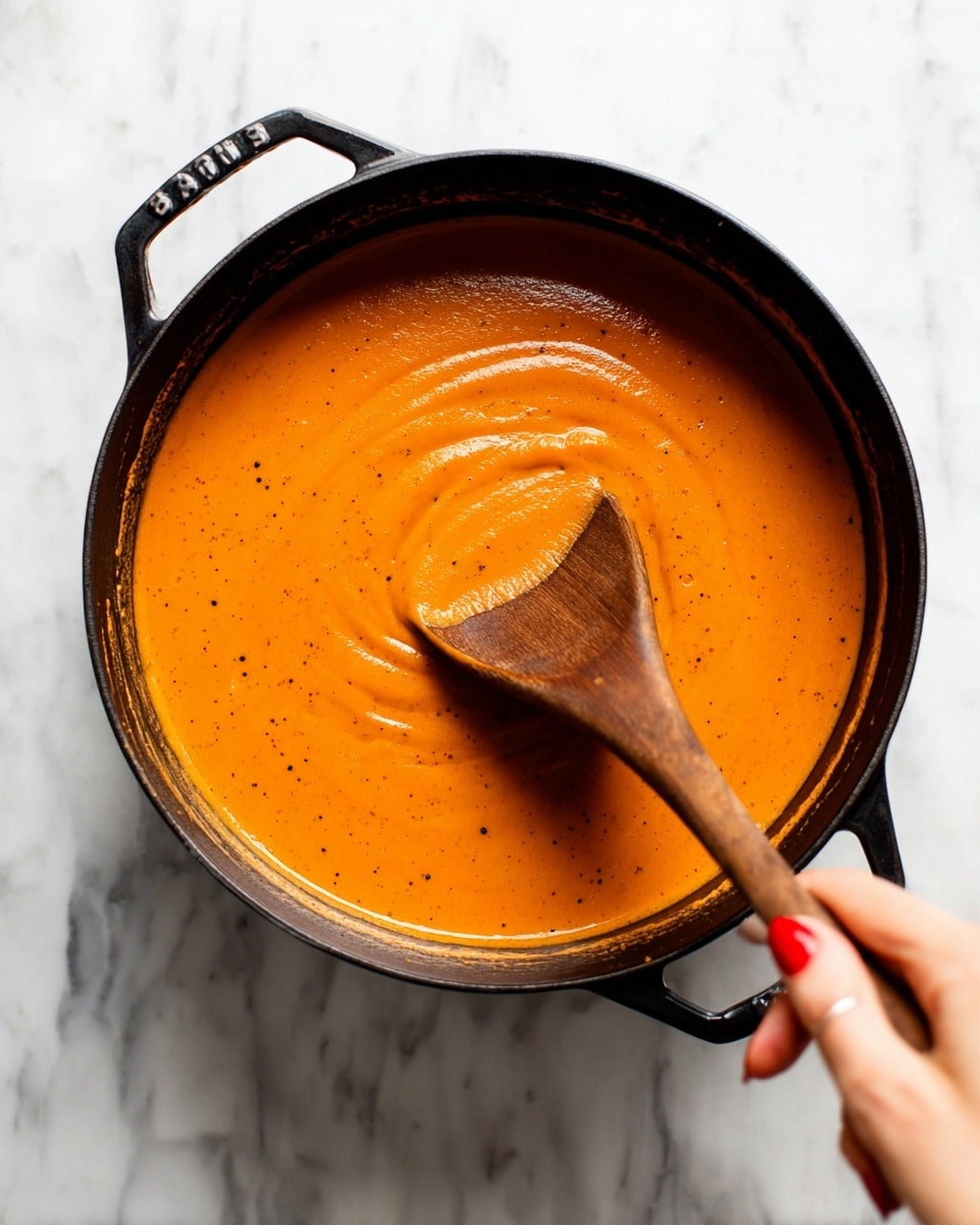 A close-up top view shows a black cast iron pot filled with smooth, thick orange soup with small dark specks, giving it a textured look. A wooden spoon with rich brown wood texture is stirring the soup, held by a woman's hand with red nail polish visible on her fingertips. The pot rests on a white marbled surface, enhancing the bright orange color of the soup. The scene is well-lit, highlighting the shine on the soup and the wooden spoon photo taken with an iphone --ar 4:5 --v 7
