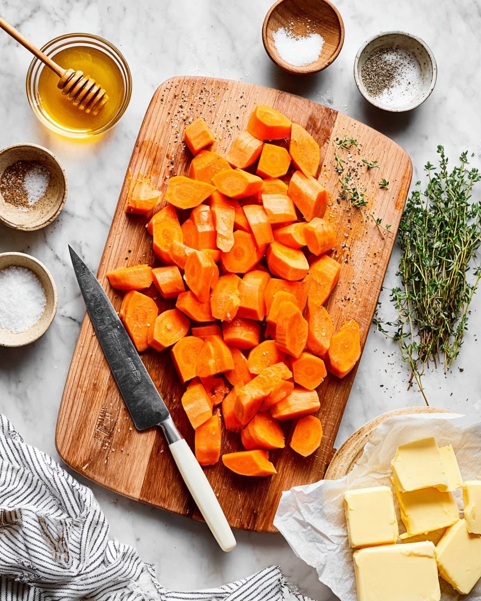 A wooden cutting board sits on a white marbled surface, covered with many bright orange carrot pieces in round and triangular shapes, scattered around a large knife with a silver blade and a white handle resting diagonally on the board. On the top right side of the board, there are fresh green sprigs of thyme. Around the cutting board, there are small white bowls filled with salt, ground pepper, and garlic powder. To the left of the board is a small glass bowl of honey with a honey dipper inside. At the bottom right, on a piece of white parchment, are several chunks of pale yellow butter. A white cloth with black stripes is partly visible on the bottom left corner. Photo taken with an iphone --ar 4:5 --v 7