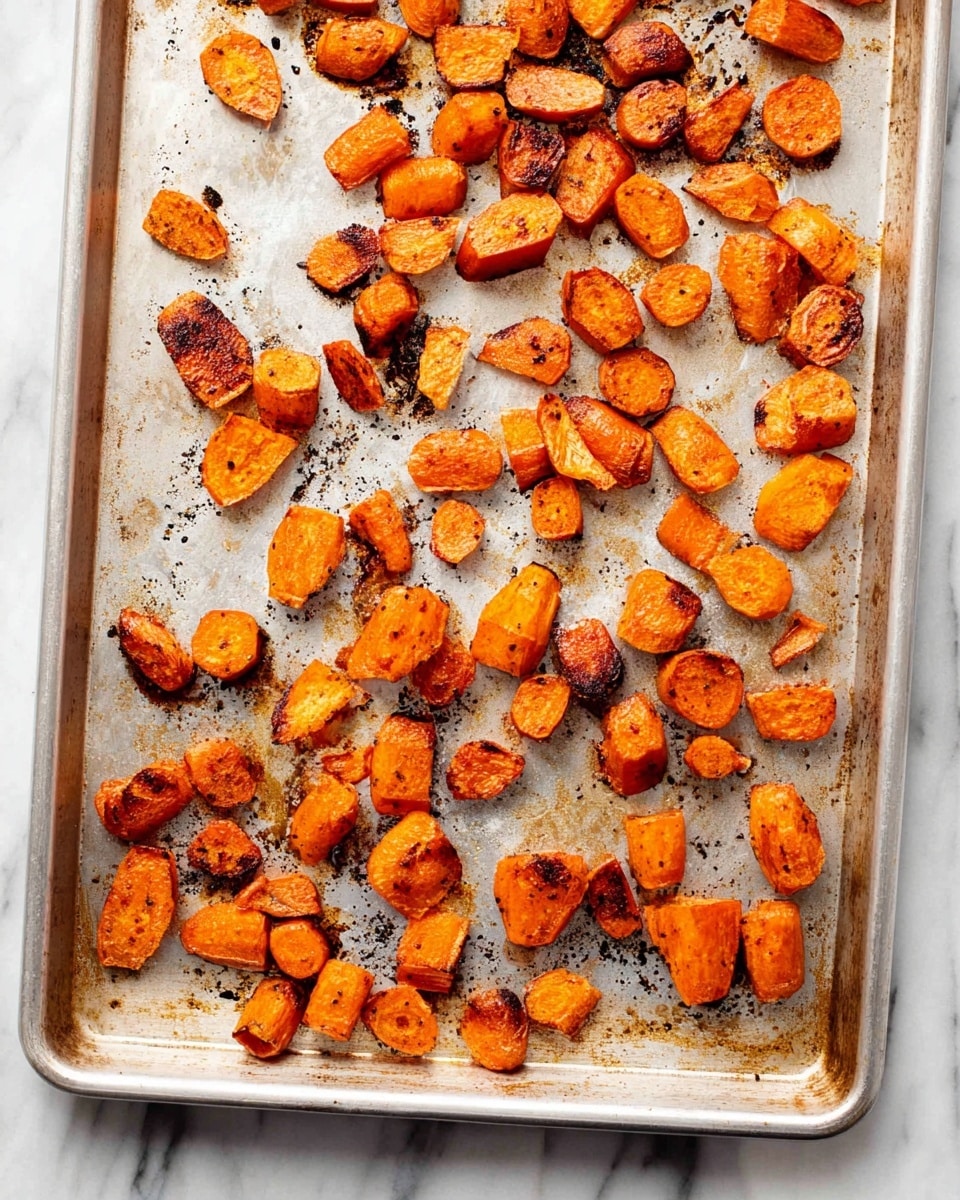 A metal baking sheet filled with one layer of roasted carrot pieces, each piece showing a mix of bright orange and brown charred spots with a slightly crispy texture, spread out unevenly across the tray, resting on a white marbled surface. photo taken with an iphone --ar 4:5 --v 7