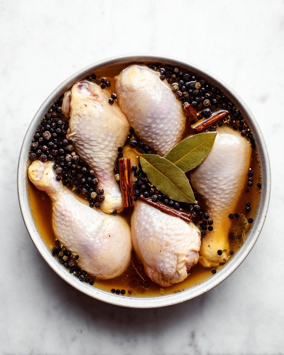 A white bowl filled with five raw chicken drumsticks and thighs submerged in a brownish brine liquid. Floating in the liquid are black peppercorns, whole cloves, dark brown cinnamon sticks, and green bay leaves, evenly spread among the chicken pieces. The texture of the chicken skin is smooth and pale, contrasting with the glossy spices and the translucent brine. The bowl is placed on a white marbled surface, with a top-down view capturing all the ingredients clearly. photo taken with an iphone --ar 4:5 --v 7