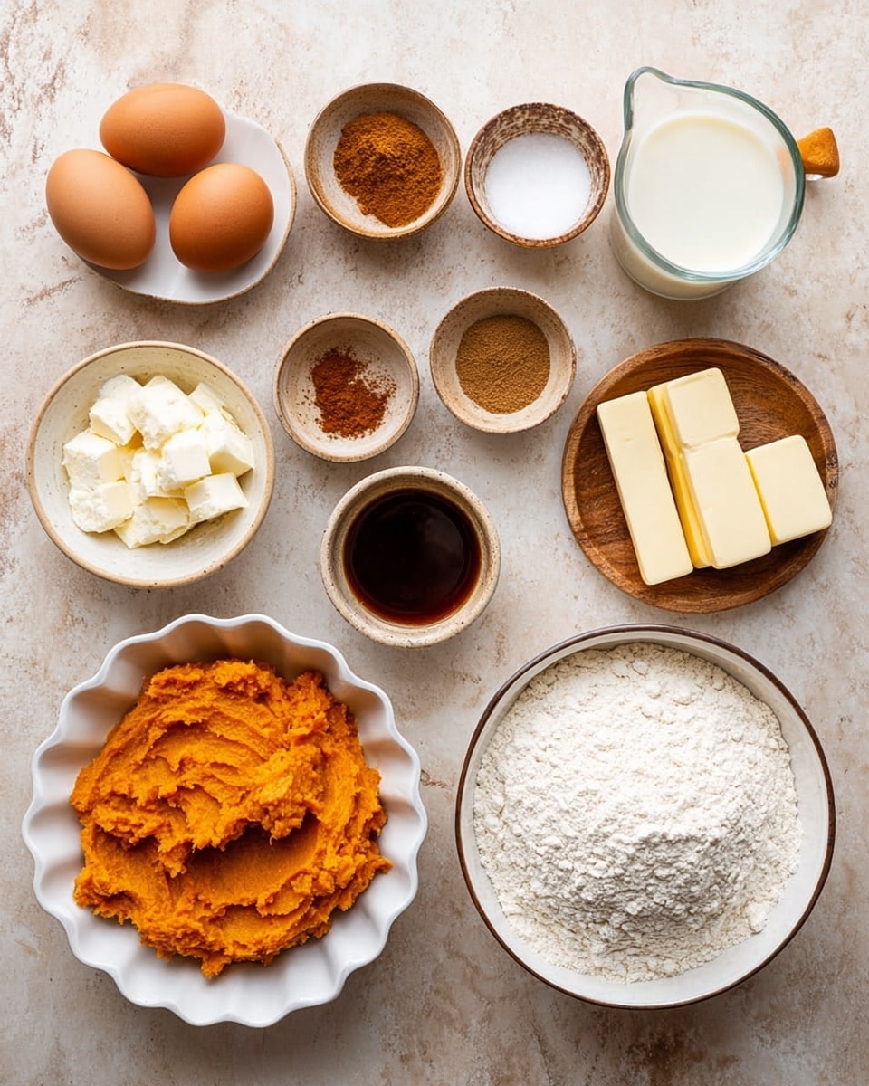 A top view of various baking ingredients arranged neatly on a white marbled surface: a large white bowl filled with white flour on the lower right, next to a small wooden bowl of white salt; a white scalloped bowl with bright orange mashed pumpkin sits on the lower left, beside two small white dishes containing brown sugar and white sugar; two brown eggs and a small rustic ceramic bowl of dark liquid are placed on a round light wooden plate near the top center; small white dishes holding different ground spices including cinnamon and ginger are arranged nearby; a small white bowl with cut sticks of pale yellow butter is on the top right next to a small wooden bowl of white powder and a glass container of light cream with a light wooden handle is on the far upper left; all items are distinct and well lit, photo taken with an iphone --ar 4:5 --v 7