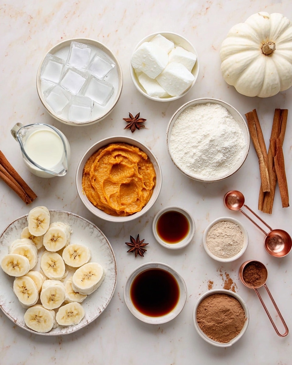 The image shows several small white bowls and a white plate arranged on a white marbled surface. There are nine containers with different ingredients: a white bowl with iced cubes filled to the top in the center, an orange mashed mixture in a white bowl below it, a bowl of white powder (likely flour) above, and a bowl of white whipped cream on the left. To the right, a white plate holds neatly arranged banana slices sprinkled with a light brown powder. Small white bowls contain dark brown liquid, possibly vanilla or syrup, scattered around. Two cinnamon sticks and two copper measuring spoons with wooden handles, filled with brown powders, sit on the right side. A small white pumpkin, a star anise, and a glass with white milk add more visual interest. Photo taken with an iphone --ar 4:5 --v 7