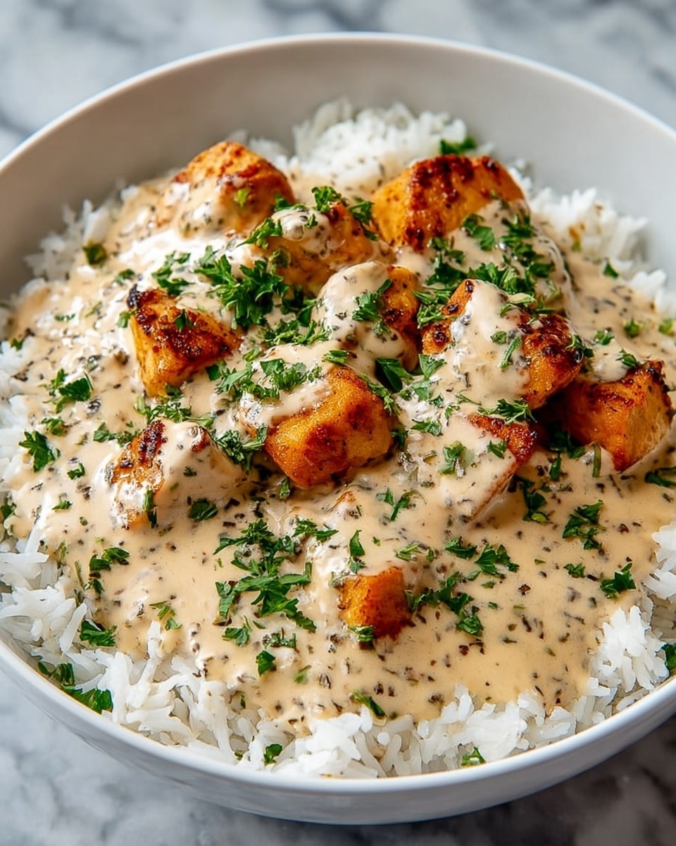 A white bowl filled with a base layer of fluffy white rice with long grains, topped with golden brown pieces of grilled chicken that have a slightly charred texture. The chicken is covered in a thick, creamy beige sauce speckled with black pepper and herbs. Fresh, finely chopped green parsley is sprinkled evenly over the sauce and chicken, adding a pop of color. The bowl is placed on a white marbled surface, creating a clean and bright setting. photo taken with an iphone --ar 4:5 --v 7