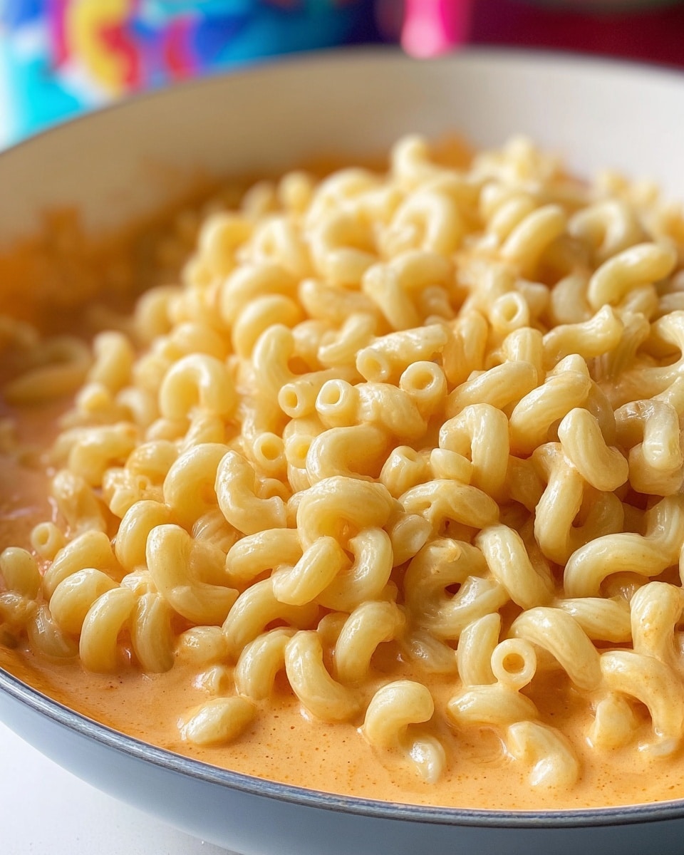 This image shows a close-up of cooked elbow macaroni pasta piled in the middle of a shallow white bowl. Underneath, there is a creamy orange sauce with a smooth texture that partially covers the base of the pasta. The pasta is light yellow, glossy, and looks soft, resting on the sauce in a single thick layer. The bowl sits on a white marbled surface, with blurry bright colors in the background. Photo taken with an iphone --ar 4:5 --v 7