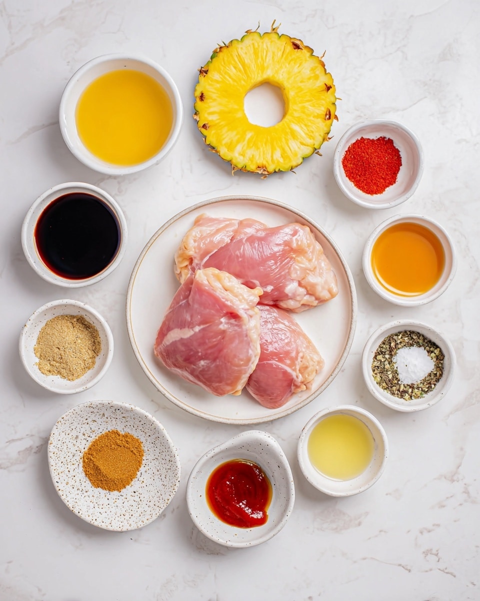 The image shows a top view of ingredients placed on a white marbled surface. In the center, there is a white plate with three pieces of raw pink chicken. Surrounding it in small white bowls and plates are a bright yellow pineapple ring on a speckled white plate, brown sugar, dark soy sauce, golden honey, light yellow oil, red ketchup, a mix of spices in three colors (black pepper, orange, and white), and a pale yellow liquid. The items are arranged neatly in a circle around the chicken. photo taken with an iphone --ar 4:5 --v 7