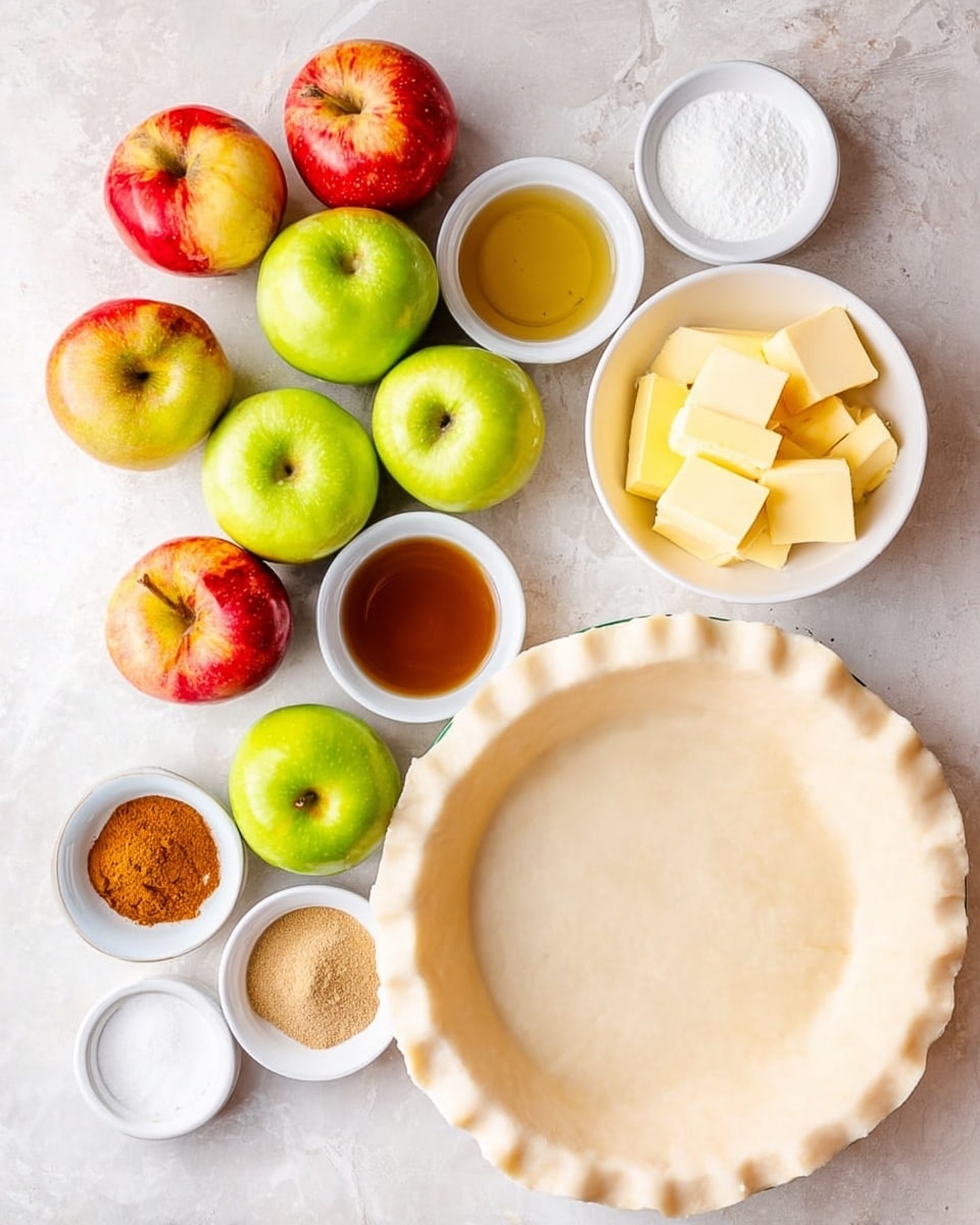 A white pie crust is neatly placed on the top right, rounded and smooth with a slightly folded edge. Below it, a variety of apples—including green, red, and yellow—are grouped closely together, showing smooth and shiny skins. To the right of the apples, a small white bowl holds thick rectangular slices of yellow butter. Several small white bowls containing powdered sugar, brown sugar, cinnamon, ground spices, vanilla, and apple cider vinegar are arranged in a loose circle above and between the apples and pie crust. The whole setup is on a white marbled textured surface. photo taken with an iphone --ar 4:5 --v 7