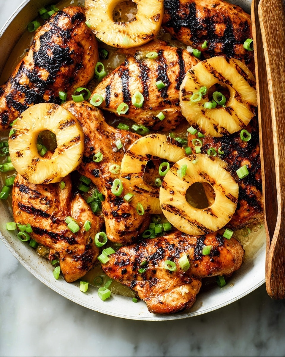 The dish shows six grilled chicken pieces with dark char marks and a golden-brown color, arranged closely in a white pan. On top and between the chicken pieces are seven grilled pineapple rings, each marked with black grill stripes and a pale yellow color. Small pieces of fresh green chopped scallions are scattered evenly over the chicken and pineapple, adding a splash of bright green contrast. To the right side of the image, a pair of wooden tongs rests partly on the chicken and pan edge. The whole scene sits on a white marbled surface, and the lighting highlights the juicy and slightly shiny texture of the grilled items. Photo taken with an iphone --ar 4:5 --v 7