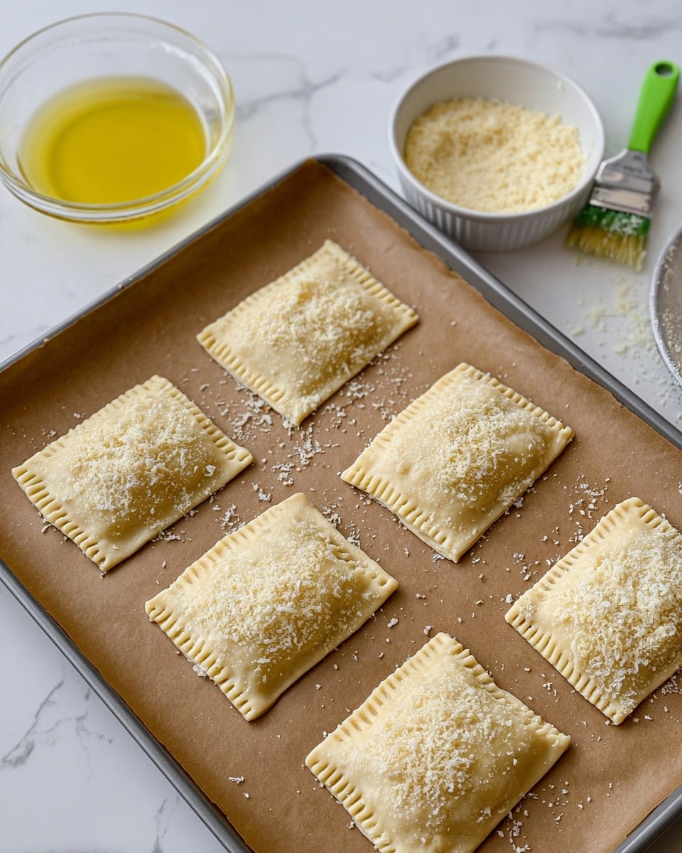 The image shows six small rectangular dough pastries placed on brown baking paper on a baking tray. Each pastry has a light cream color and is sealed around the edges with fork marks, giving a textured border. They are topped with a sprinkle of grated cheese or breadcrumbs, adding a slightly rough white texture on top. To the side on the white marbled surface, there is a small glass bowl with a yellow egg wash and a clear brush with a green silicone tip resting inside it, along with a small white bowl filled with more grated cheese or breadcrumbs. The scene is well-lit and focused, capturing the details of the uncooked pastries clearly. photo taken with an iphone --ar 4:5 --v 7