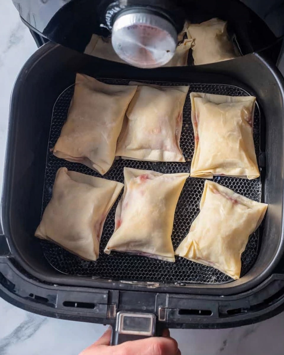 The image shows six uncooked folded pastries placed inside a black air fryer basket. The pastries are light beige in color with some translucent spots showing a faint pink filling inside. Each pastry is neatly folded into a rectangular or square shape with smooth, thin dough layers. The air fryer basket has a black mesh bottom and a shiny silver control knob is visible at the top center of the image. A woman’s hand is holding the air fryer lid open, with a white marbled surface faintly visible in the background. photo taken with an iphone --ar 4:5 --v 7