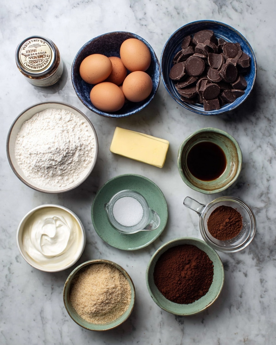 The image shows ingredients for baking laid out on a white marbled surface. There is a blue and green bowl filled with dark brown oval chocolate pieces at the top right. Below it, a dark bowl holds five brown eggs. Next to the eggs is a white bowl with a powdery white ingredient, likely flour. A small green bowl contains white salt, placed near a stick of yellow butter. A small green bowl holds dark brown liquid, probably vanilla extract. A glass measuring cup contains a small amount of thick cream. Another white bowl is filled with dark brown cocoa powder, and a larger bowl has brown and white granulated sugars. A round white bowl contains thick white cream or sour cream. At the top left, a small jar of instant espresso powder is present. All items are arranged neatly with no clutter, photo taken with an iphone --ar 4:5 --v 7