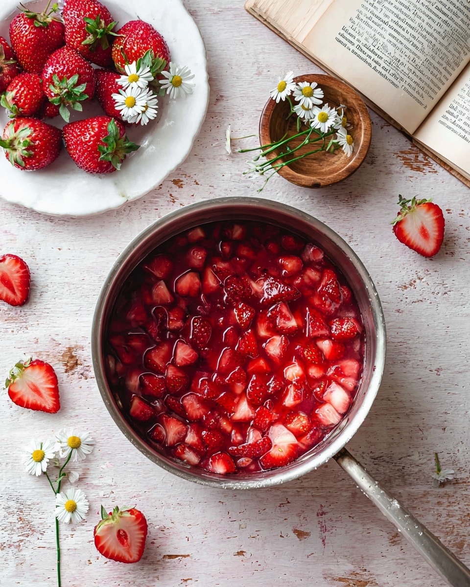 A silver pot filled with finely chopped bright red strawberries, their texture juicy and slightly soft, sitting on a light wooden surface with some spots of wear. To the top left, a white plate holds whole fresh strawberries with green leaves and small white daisy flowers resting among them. To the top right, an open book lays partially visible on the table with a few half strawberries and daisy flowers scattered on its pages. Behind the book is a small wooden bowl holding some thin green stems and daisy flowers. The overall setting has a fresh, natural look with red, white, and green colors contrasting on a white marbled texture surface. photo taken with an iphone --ar 4:5 --v 7