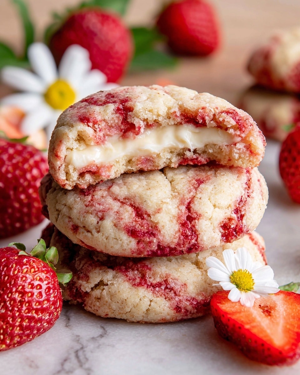 The image shows a stack of three round cookies with a crumbly texture and a light beige color, mixed with bright red swirls of strawberry. The top cookie is broken in half, revealing a creamy white filling layer in the middle, with the cookie layers above and below it. Surrounding the stack are whole and sliced strawberries in bright red with green leaves, and a small white flower with a yellow center is placed near the cookies on a white marbled surface. Photo taken with an iphone --ar 4:5 --v 7