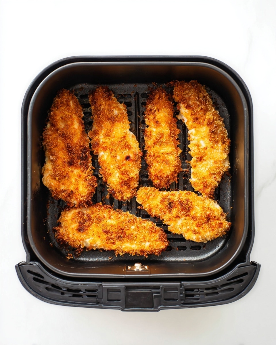 Five pieces of golden brown crispy fried chicken strips lie side by side in a black air fryer basket. Each piece has a crunchy textured coating with some darker toasted spots, showing uneven but appetizing crispiness. The pieces vary in size, with the largest near the top and the smallest near the right edge. The air fryer basket contrasts with a smooth white marbled surface underneath. photo taken with an iphone --ar 4:5 --v 7